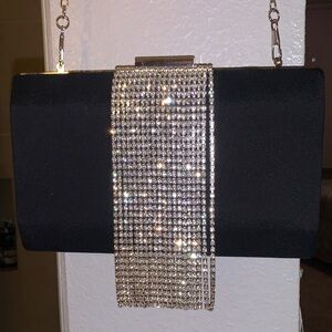 NWT/Elegant Black and Silver Clutch with Removable Silver Link Single Strap